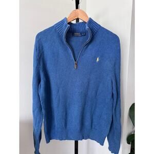 Ralph Lauren Men's 1/4 Zip Blue Cotton Sweater Pullover‎